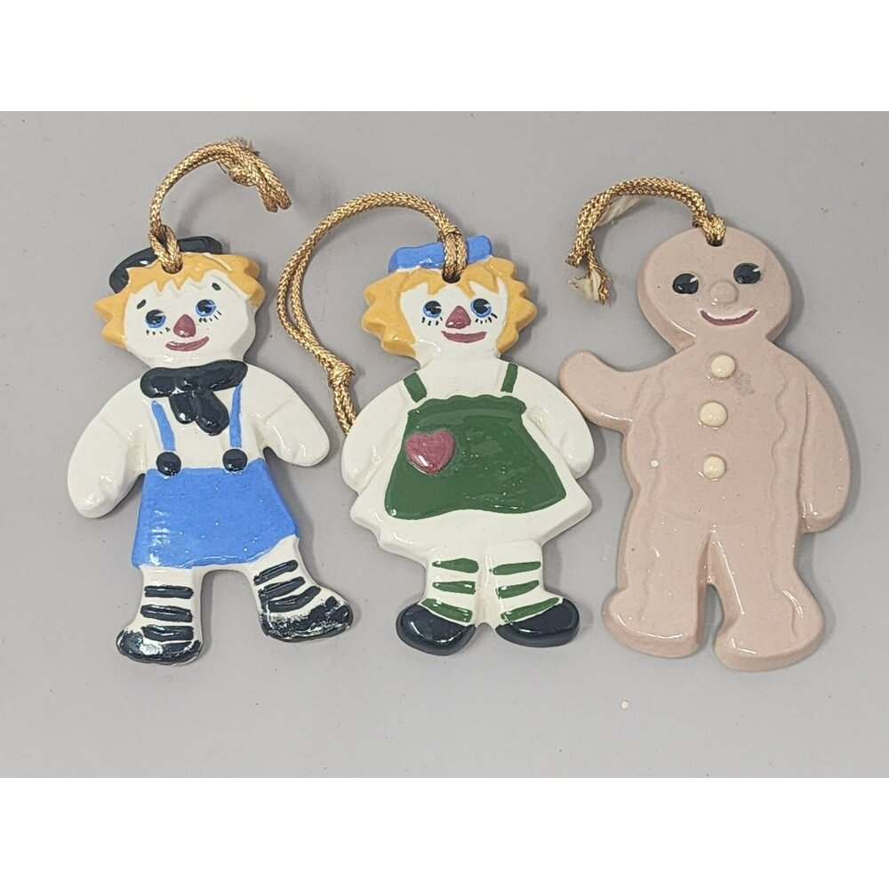 Vintage Hand Made Raggedy Ann/Andy + Gingerbread Man Ceramic Hanging Ornaments